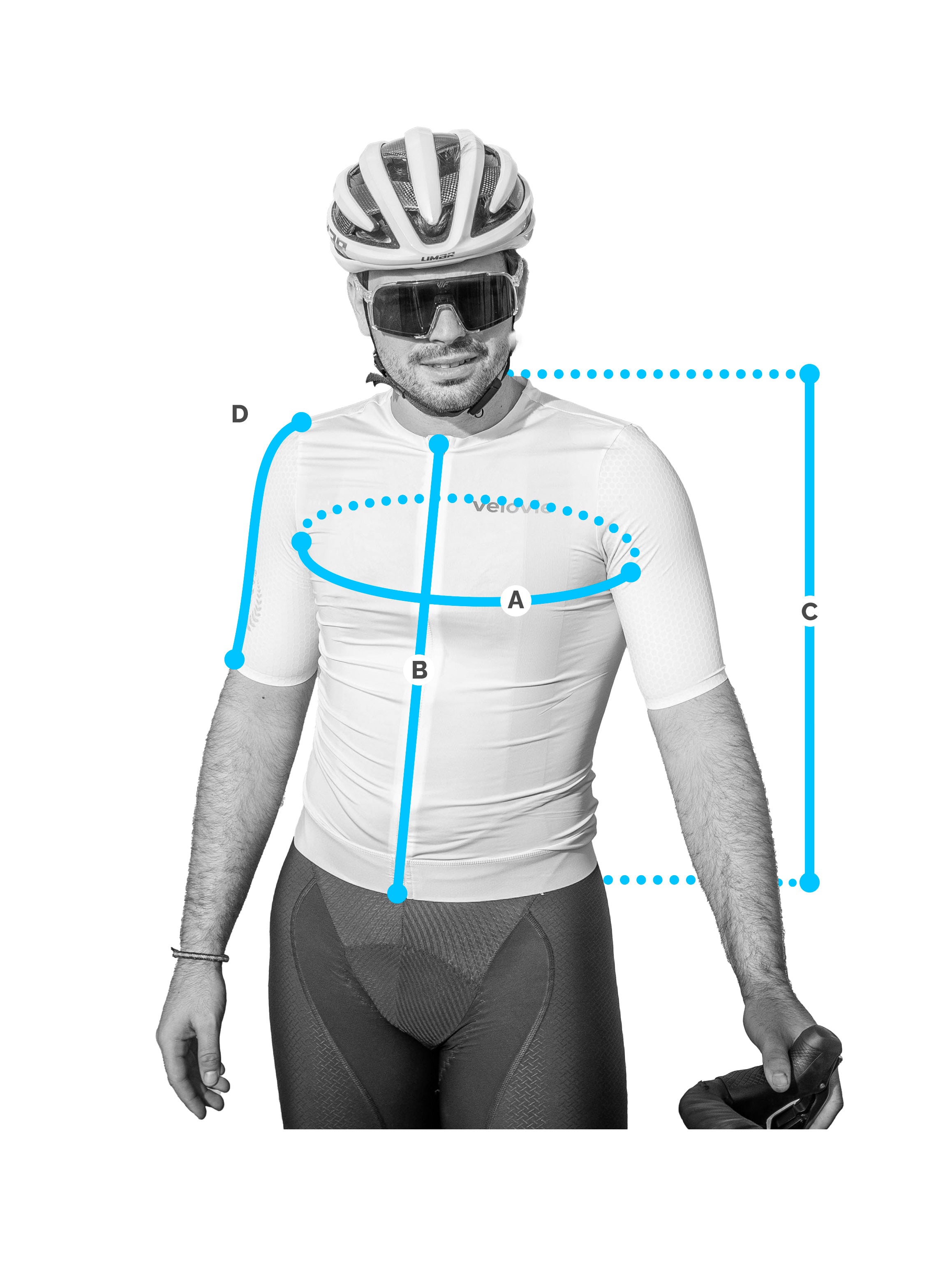 Mens Size Guide for Aero Pro Jersey, showing Seb in White Switch Out version